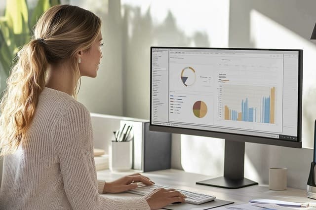 Frau analysiert Preispositionierung am Markt